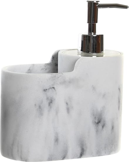 ITEM Zeeppompje met keuken organizer - marmer look - 2 vakken - wit/zilver - polyresin - 15x8x18 cm