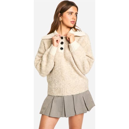 boohoo Dames Gebreide oversized trui met geribde kraag en knoopsluiting | Oatmeal | Maat: Small