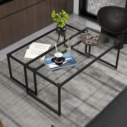 Sweiko Salontafel - Set van 2 - Glazen tafelblad - Stalen frame - Zwart