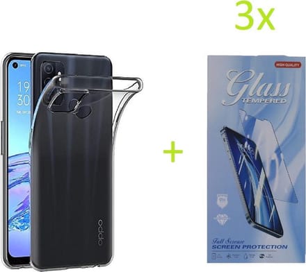 Hoesje Geschikt voor: Oppo A53 4G / A53S Transparant TPU Silicone Soft Case + 3X Tempered Glass Screenprotector