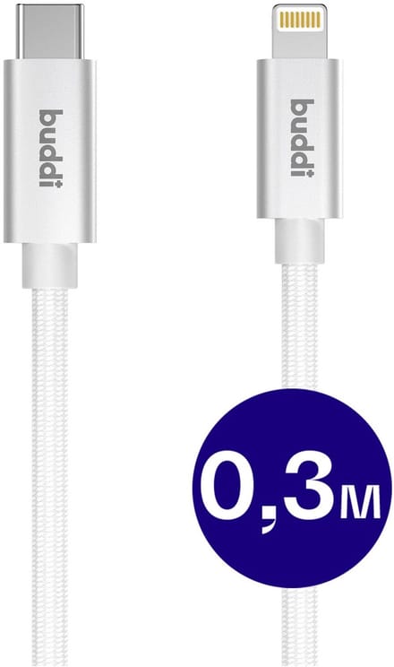 Buddi Flex | USB-C naar Lightning Kabel 20W Fast Charge | Power Delivery | 480Mbps Dataoverdracht | Gevlochten Nylon | 0,3M | Korte kabel | Wit