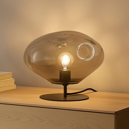 Lindby tafellamp Lelia, rookgrijs, glas, metaal, Ø 35 cm