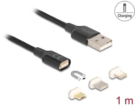 Delock Magnetic USB Charging Cable Set for 8 Pin Lightning™ / Micro USB / USB Type-C™ black 1 m