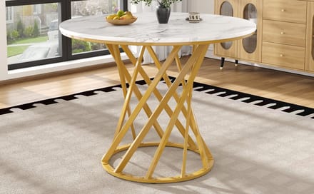 Wishdor Eettafel 80*80*76cm van MDF en metaal, modern ontwerp, goud-wit afwerking en stabiel onderstel