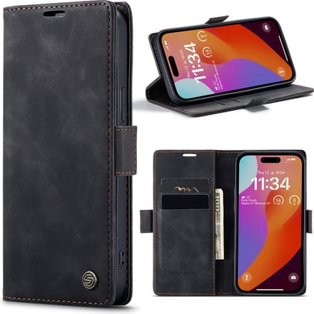 Solidenz Hoesje geschikt voor iPhone 15 Pro Max - Bookcase met pasjeshouder - Kaarthouder telefoonhoesje - Zwart