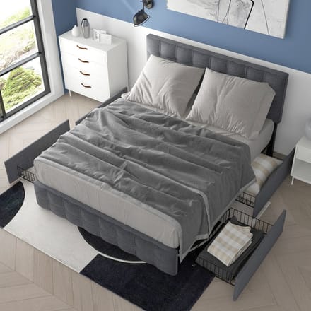 REDOM Bedframe 140x200 cm – Linnen – 4 lades – Verstelbaar hoofdbord – Grijs – 181 kg