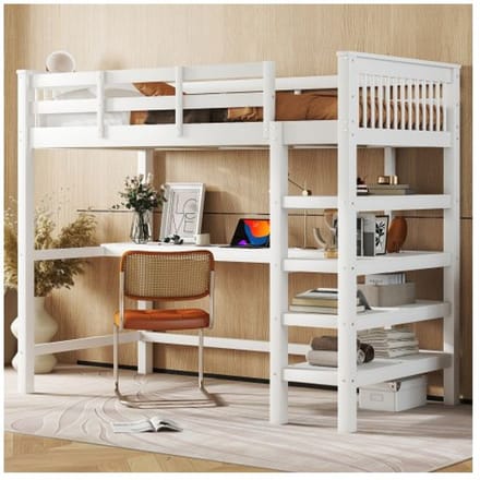 Verhoogd bed - MUVOE - 90 x 200 cm - Geïntegreerd bureau - Opbergvakken - Wit wit