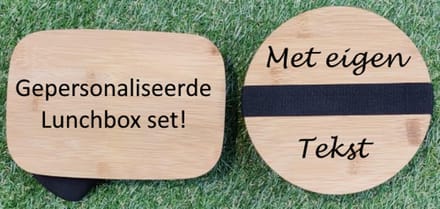 Gepersonaliseerde ronde Lunchbox & saladebak set van RVS & bamboe -Broodtrommel met eigen naam of tekst