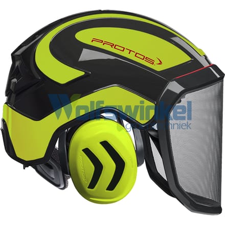 Protos helm vizier & oordop zwart geel