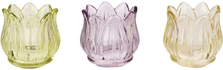 Dekoratief | Theelichthouder tulp, geel/groen/paars, glas, 7x7x8cm, set van 3 stuks | A260658