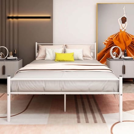 Metalen Bedframe - Platform Bed - Slaapkamer - Zwaar Metalen Constructie - 135x190 cm - Wit