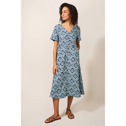 White Stuff Ivy Linen Midi Dress Blue Print Maat: 8 REGULAR | Midi Jurken Outlet | Dames | Blauw