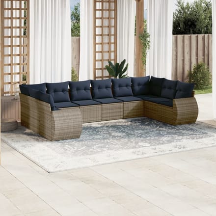 vidaXL - 10-delige - tuinbankset - met - kussens, - grijs - polyrotan