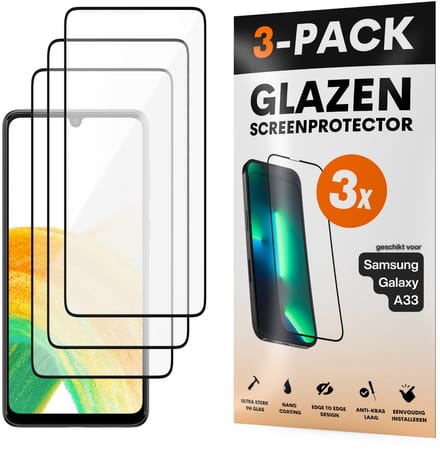 Screenprotector - Geschikt voor Samsung Galaxy A33 - Gehard Glas - Full Cover Tempered Glass - Case Friendly - 3 Pack
