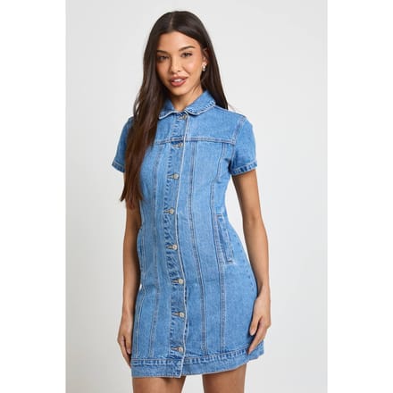 boohoo Dames Western Denim Korte Mouwen Mini Jurk | Medium Blauw | Maat: 36