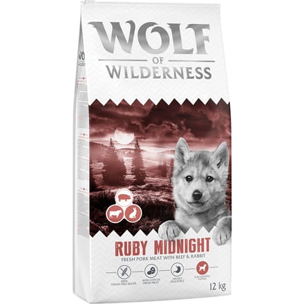 2x 12kg Wolf of Wilderness Junior Ruby Midnight Rund & Konijn graanvrij droogvoer voor honden