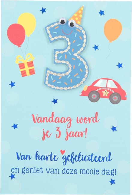 Cijferkaarten - De mooiste Leetijd - Verjaardagskaart Vandaag word je 3 jaar! Van harte?