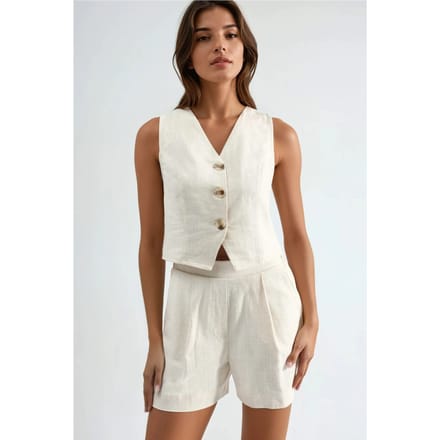 Linnenmix Vest en Shorts Twee-Piece Set