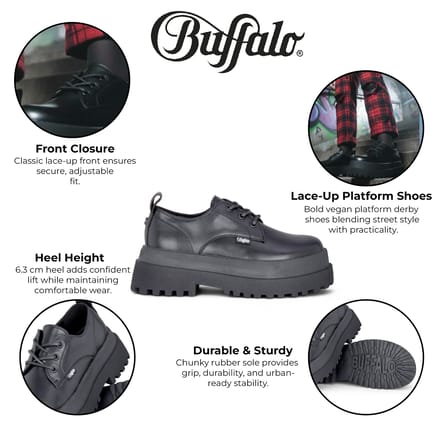 Buffalo Dames Zwarte Veterschoenen met Dikke Platforms - Pluto