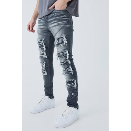 Super Skinny Biker Rip & Repair Paint Splatter Jeans | Grey | Size 48R