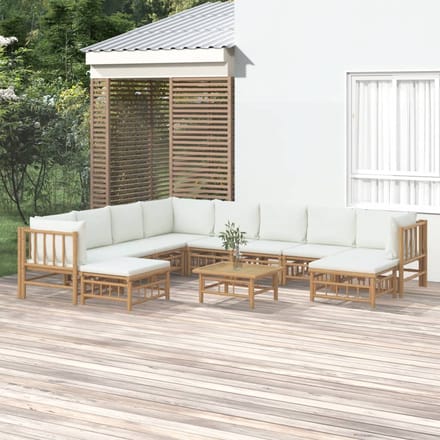 vidaXL - 11-delige - Loungeset - met - kussens - bamboe - crèmewit