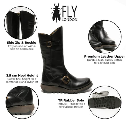 Fly London Dames Zwarte MES 2 Wedge Heel Buckle Mid-Calf Leren Zip Platform Laarzen