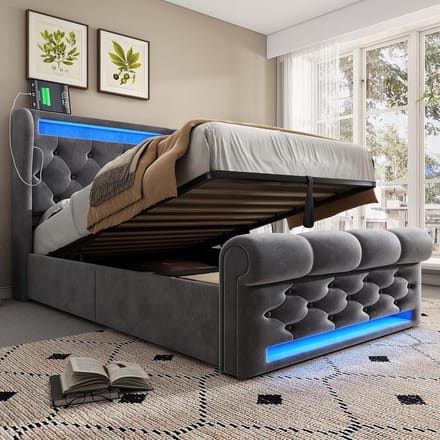 Gestoffeerd Eenpersoonsbed 90x200 cm met Opbergruimte en USB/Type C Oplaadpunt
