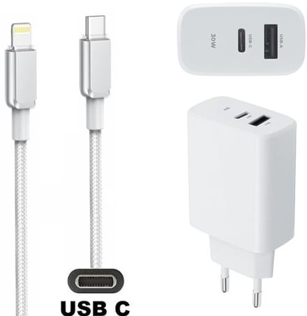 OneOne 30W super snellader met 2 poorten + 1,0m OneOne USB C naar Lightning kabel. PD lader. Oplader adapter past op Apple iPhone SE 2, iPhone 8, iPhone 8 Plus, iPhone 10, iPhone X, iPhone XR, iPhone XS, iPhone XS Max, iPhone 11