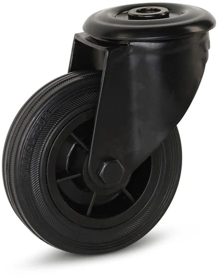 Zwart rubber zwenkwiel met centraal gat - 100mm - 75kg