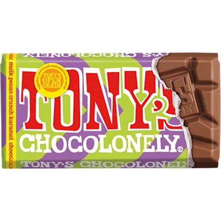 Chocolade Tony's Chocolonely melk karamel pecan crunch reep 90 gram