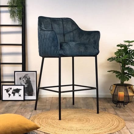 Bronx71® Velvet barkruk Jayron blauw 82 cm - barstoel