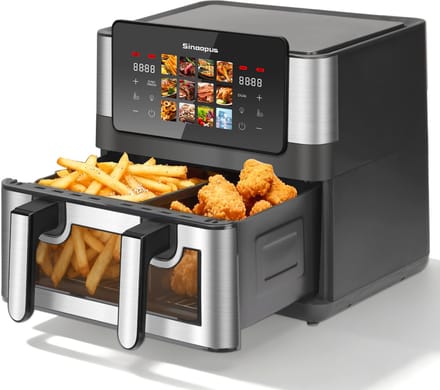 Sinaopus 10L Dubbele Airfryer – 2x5L Dual Zone Heteluchtfriteuse – Kleuren Touchscreen – Sync Finish – Kijkvenster