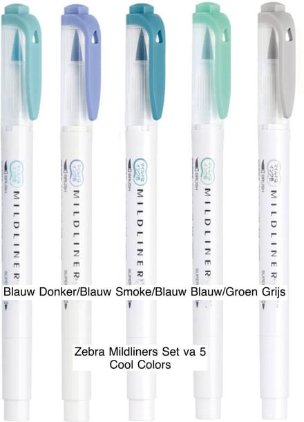 Zebra Mildliners Set van 5 Cool Colors verpakt in een Zipperbag