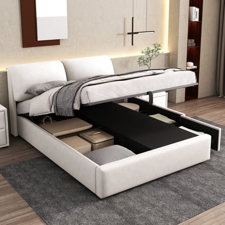 Sweiko Gestoffeerd bed, 140*200cm, hydraulisch bed, drie laden, opbergdoos, lattenbod met hoofdeinde, zonder matras, fluweel, Wit