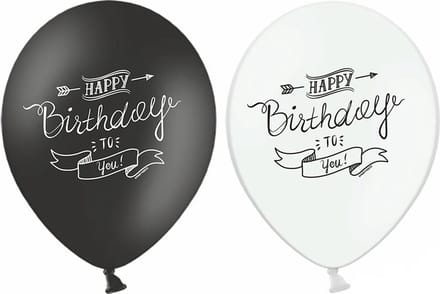 PARTYDECO - 6 zwart wit Happy Birthday ballonen