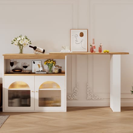MODFU Uittrekbare Bartafel 138–193×39×105 cm Draaibaar 360° Drie Opbergniveaus Instelbare LED Wit