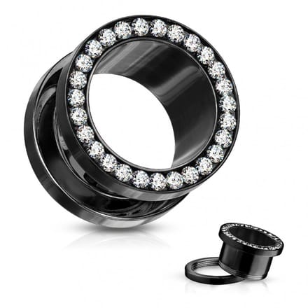 8 mm Screw-fit tunnel zwart met witte steentjes - LMPiercings