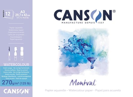 Montval aquarelpapier, wit met grove korrel 270 g/m?, ft A3, blok met 12 vellen