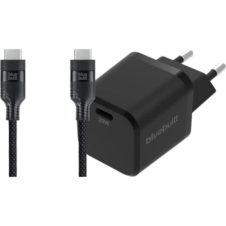 BlueBuilt Power Delivery Oplader 20W + Usb C Kabel 3m Nylon Zwart