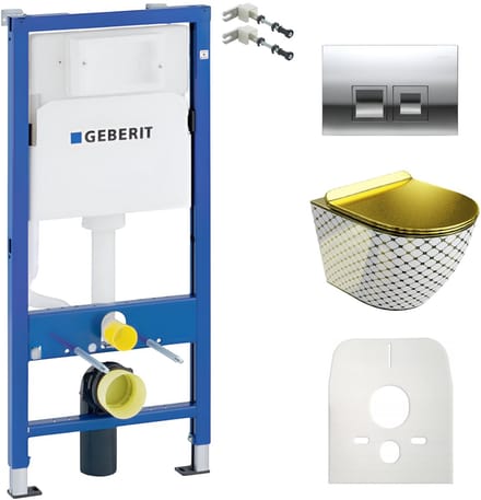 Lavita Duofix Basic inbouwframe + wand diepspoel WC Sofi Slim Checked goud randloos + WC Sitz + bedieningsplaat Delta 25 chroom bedieningsplaat