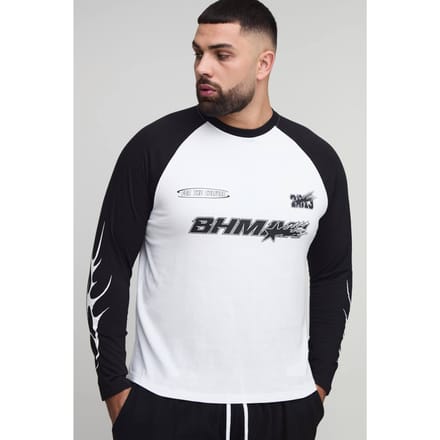 Plus Regular Fit Moto Graphic Long Sleeve Raglan T-Shirt | Black | Size 2XL