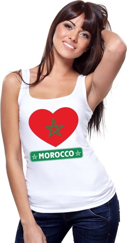 Marokko singlet shirt/ tanktop met Marokaanse vlag in hart wit dames L