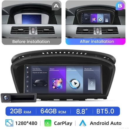 Hexinex Autoradio Geschikt voor BMW E60 E61 E63 E90 E91 E92 CCC-system - Draadloos CarPlay, Android Auto, multimediaspeler, GPS NAVI, WIFI, 2+64GB
