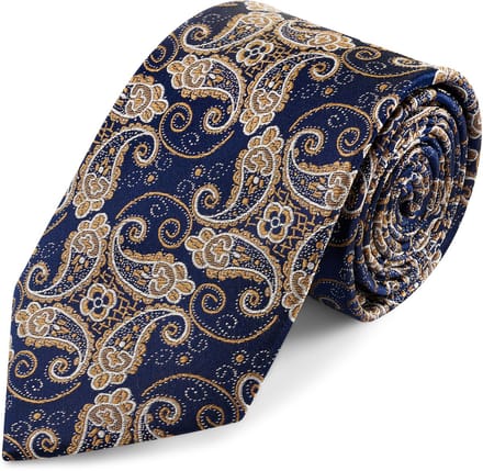 Zijden stropdas met blauw en goud paisleymotief | 8 cm