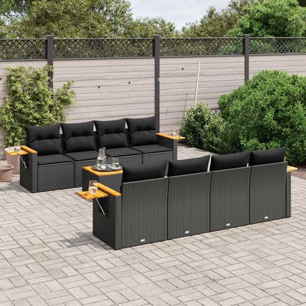 vidaXL - 9-delige - Loungeset - met - kussens - poly - rattan - zwart