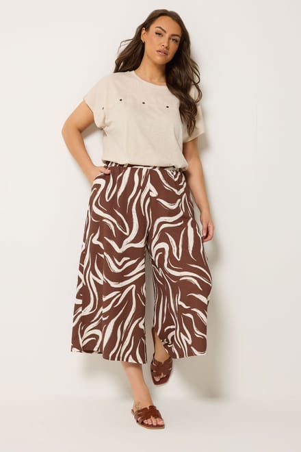 Yours Bruine Abstracte Cropped Broek Met Wijde Pijpen Size 48