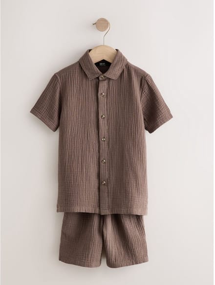 Next - Jongens - Set van dubbelkaags overhemd met textuur en short - Bruin