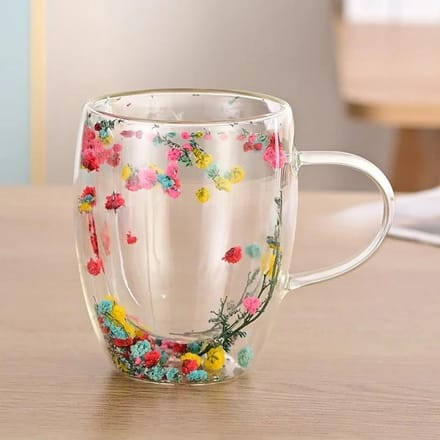 Tasse à café en verre à double paroi avec fleurs séchées, 350 ml, décorative et créative, avec fleurs séchées 350ml