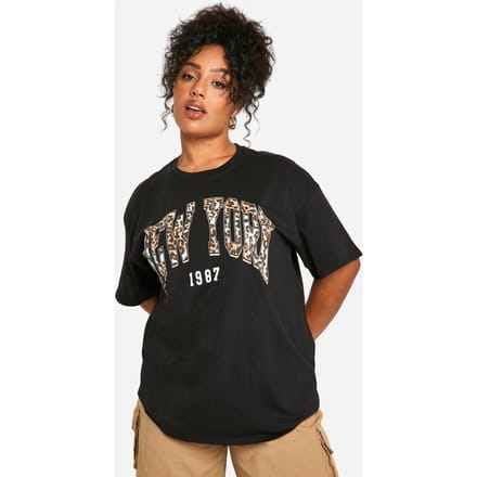 boohoo Dames Plus Leopard New York Oversized T-Shirt | Zwart | Maat: 50