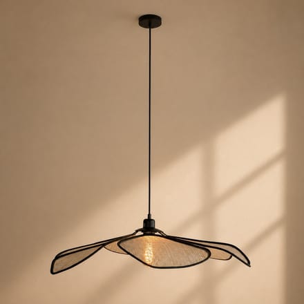 Hanglamp LumaFlora 4368CR – creme linnen designlamp met zwart metalen frame, hoogte instelbaar, diameter 80 cm, merk Anne Light Home